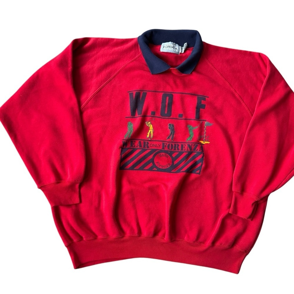 Vintage Forenza W.O.F Golf Sweatshirt Mens L Red Spellout Collared Crewneck 90s